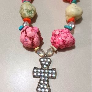 Artisan handcrafted howlite and rhinestone cross necklace